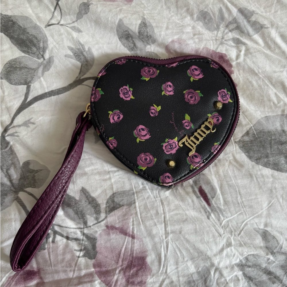 Juicy Couture Black Heart Wristlet with Purple Rose Print